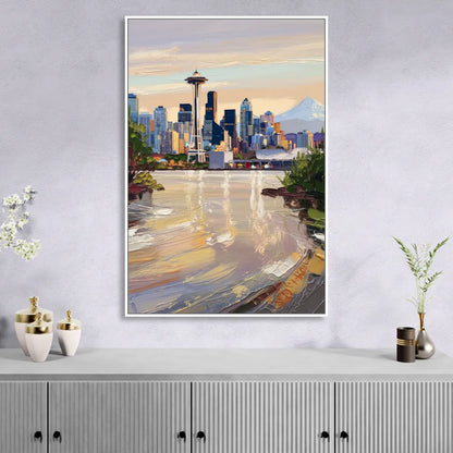 Seattle Nature Meets City Living Room - White Canvas Wall Art