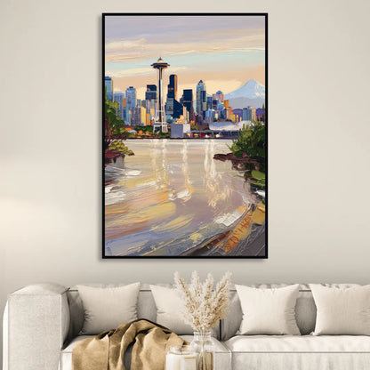 Seattle Nature Meets City Living Room - Black Canvas Wall Art