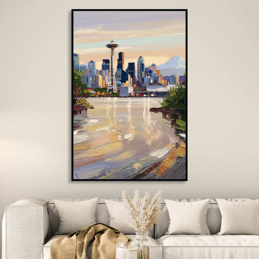 Seattle Nature Meets City Living Room - Black Canvas Wall Art
