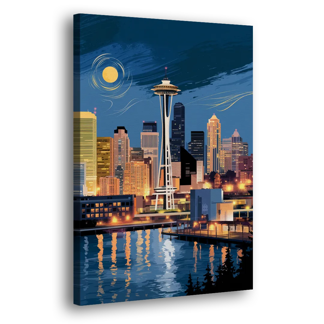 Seattle Nightscape Side - Canvas Wall Art