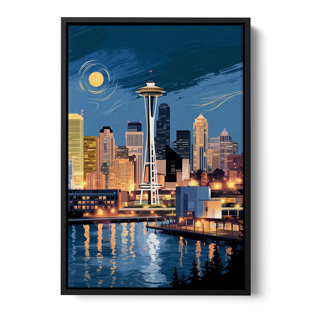 Seattle Nightscape Front - Black Canvas Wall Art
