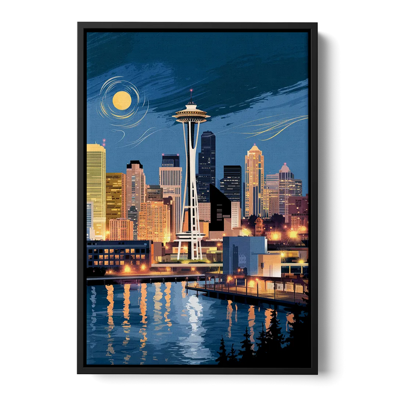 Seattle Nightscape Front - Black Canvas Wall Art