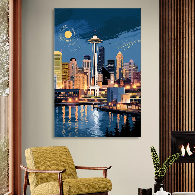 Seattle Nightscape Sitting Room - Canvas Wall Art