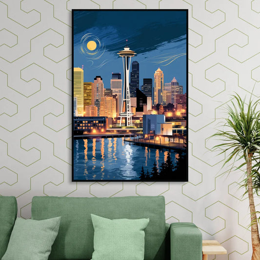 Seattle Nightscape Living Room - Black Canvas Wall Art