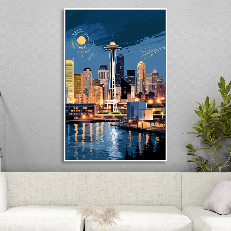Seattle Nightscape Sitting Room - White Canvas Wall Art
