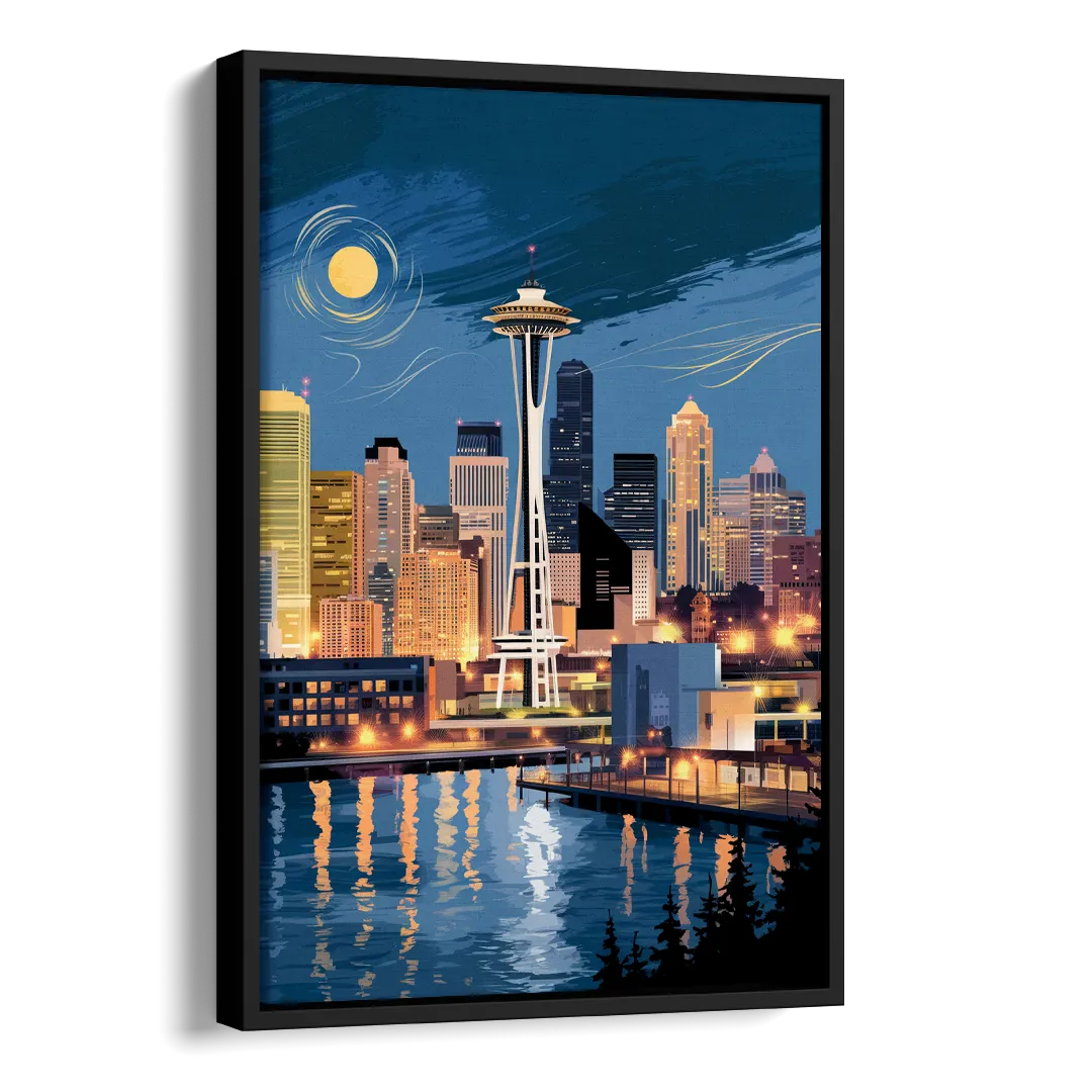 Seattle Nightscape Side - Black Canvas Wall Art