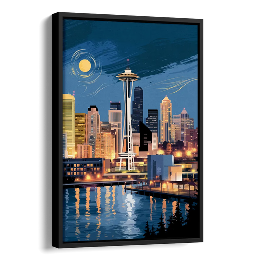 Seattle Nightscape Side - Black Canvas Wall Art