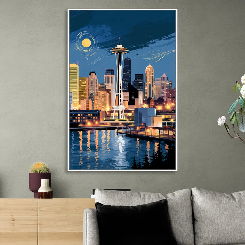 Seattle Nightscape Living Room - White Canvas Wall Art