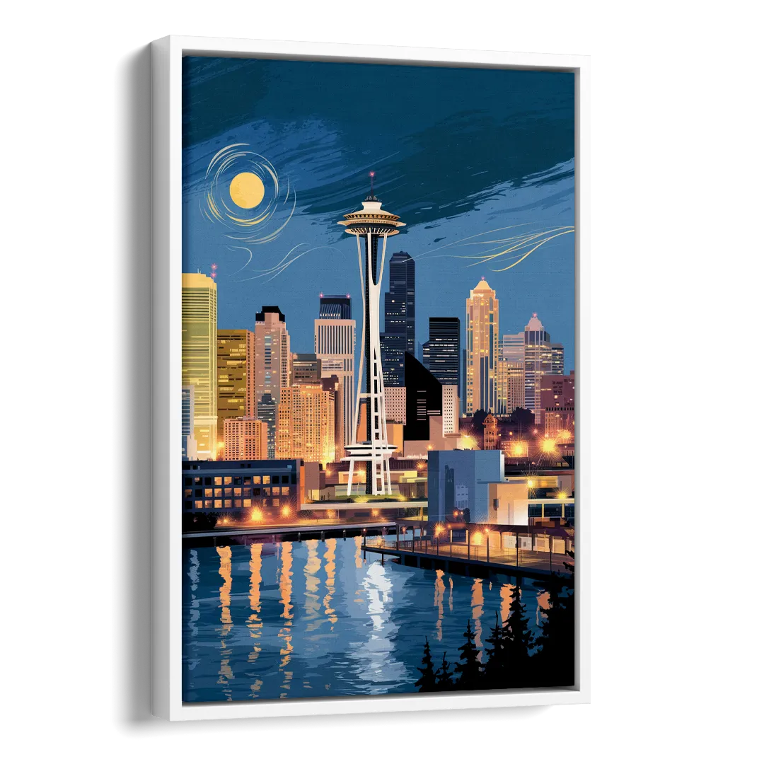 Seattle Nightscape Side - White Canvas Wall Art