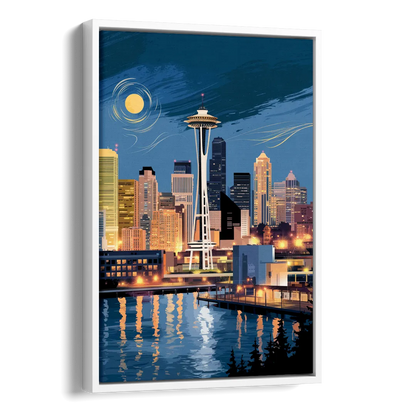 Seattle Nightscape Side - White Canvas Wall Art