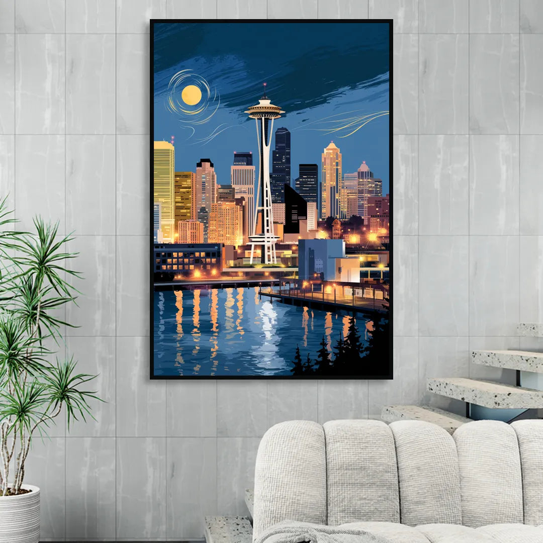 Seattle Nightscape Sitting Room - Black Canvas Wall Art