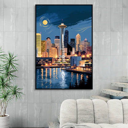 Seattle Nightscape Sitting Room - Black Canvas Wall Art