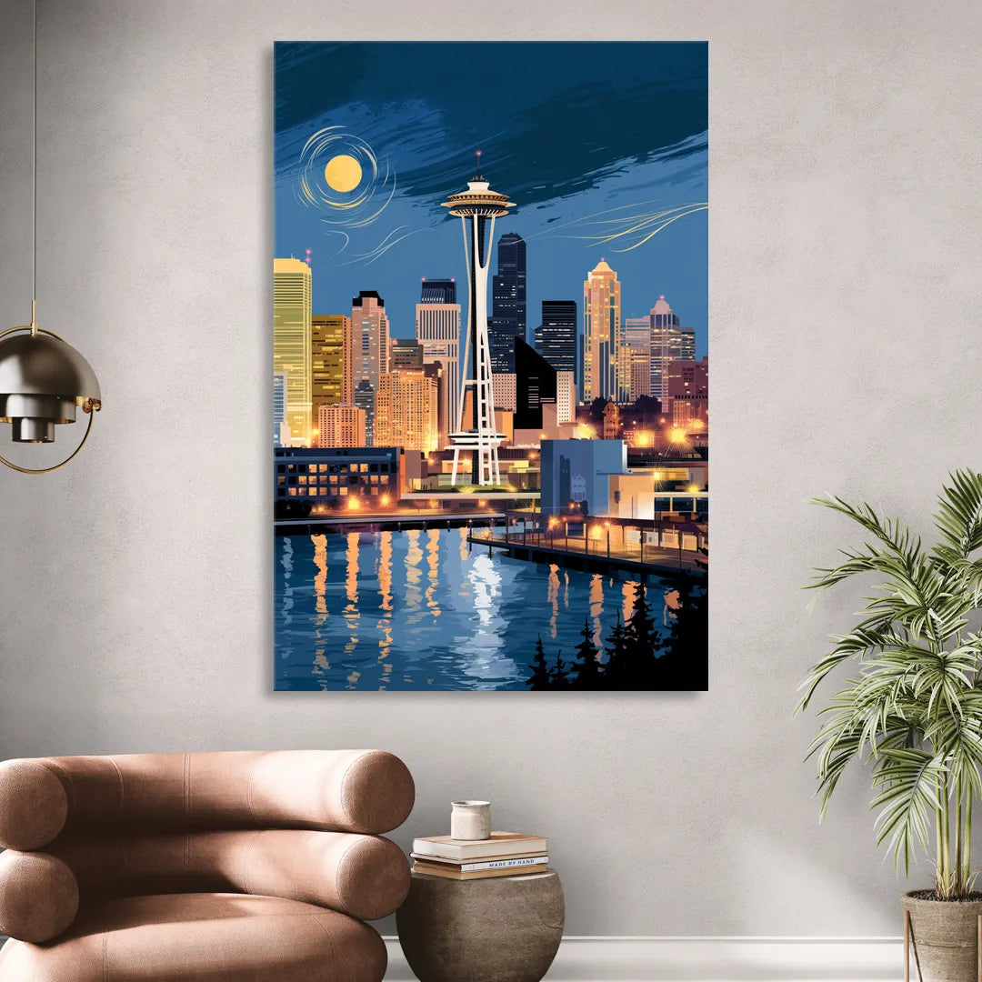 Seattle Nightscape Living Room - Canvas Wall Art
