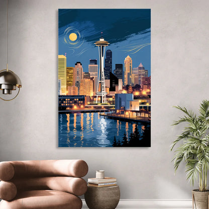 Seattle Nightscape Living Room - Canvas Wall Art
