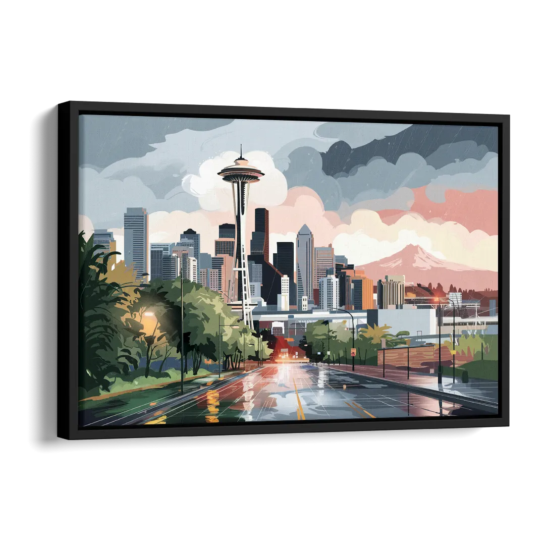 Seattle Rainy Day Skyline Side - Black Canvas Wall Art