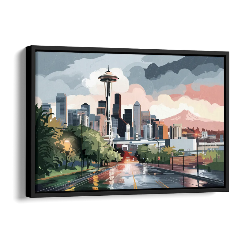 Seattle Rainy Day Skyline Side - Black Canvas Wall Art