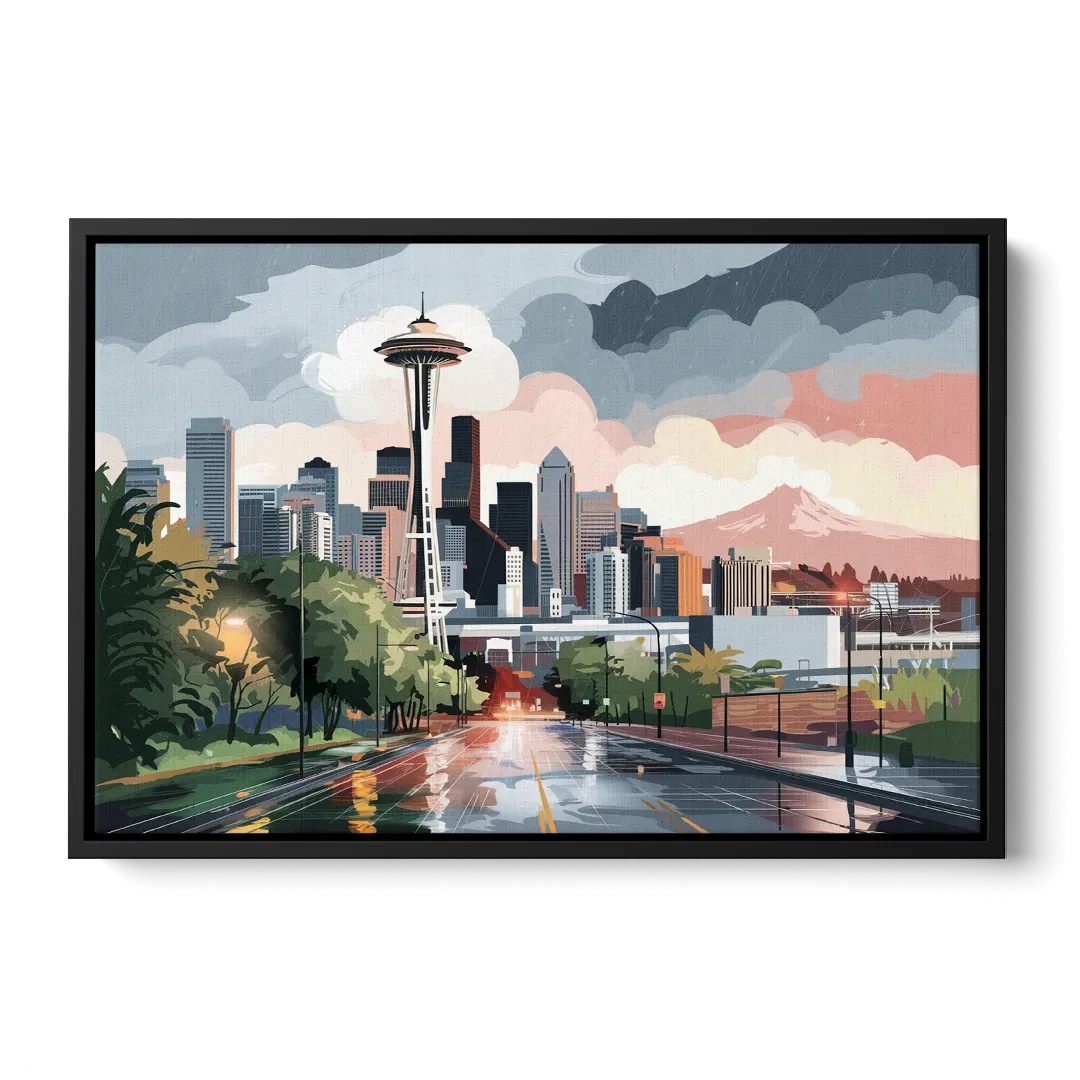 Seattle Rainy Day Skyline Front - Black Canvas Wall Art