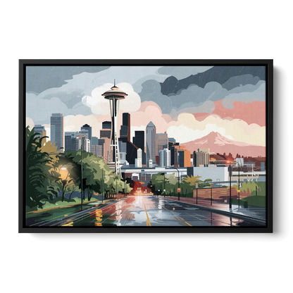 Seattle Rainy Day Skyline Front - Black Canvas Wall Art