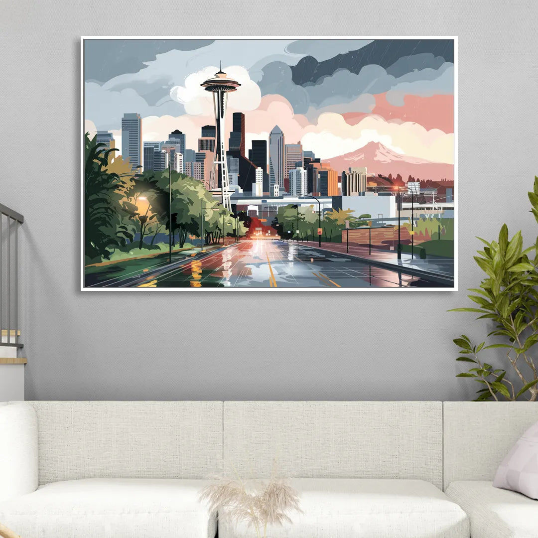 Seattle Rainy Day Skyline Living Room - White Canvas Wall Art