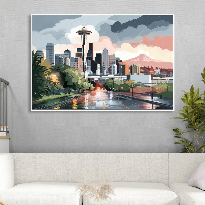 Seattle Rainy Day Skyline Living Room - White Canvas Wall Art