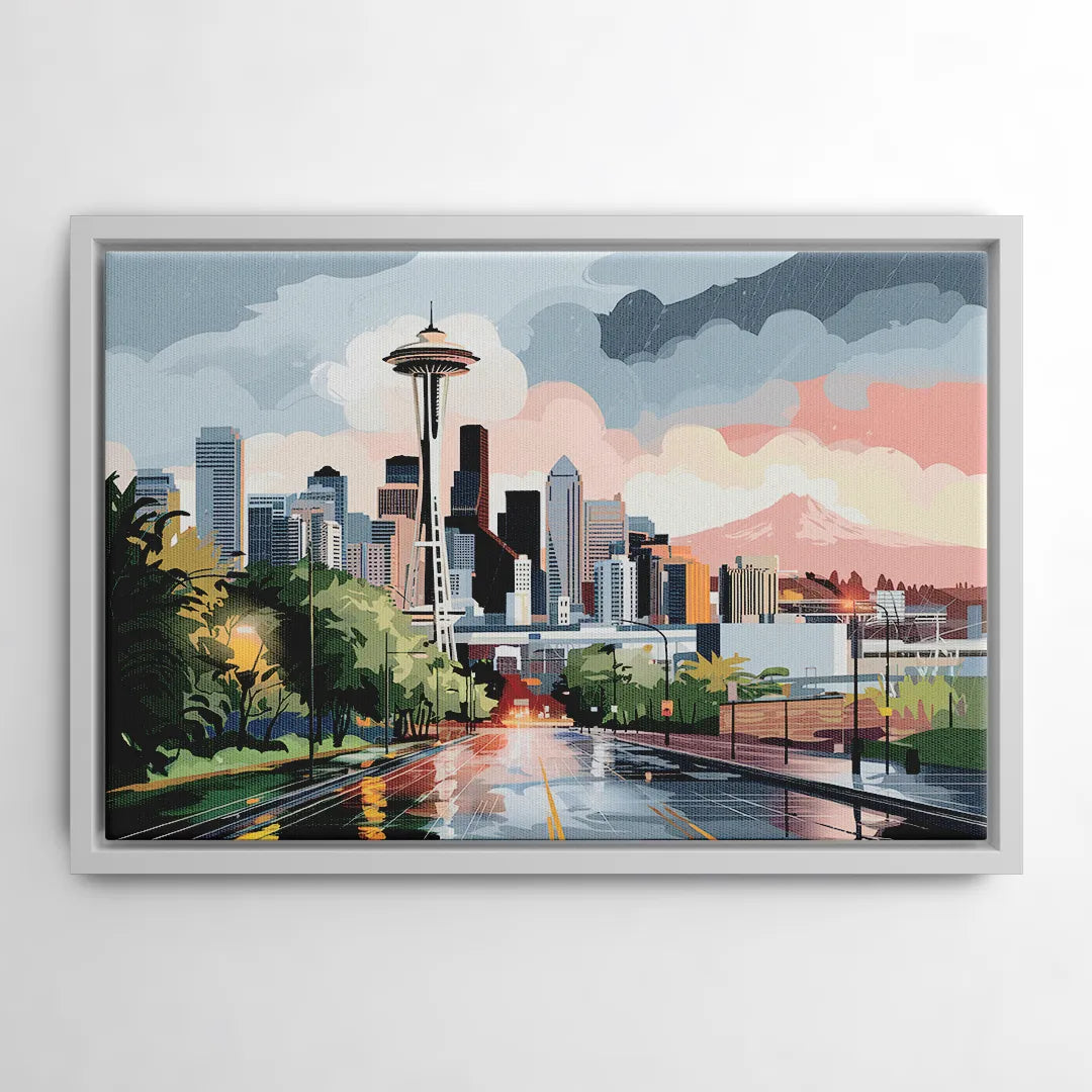 Seattle Rainy Day Skyline - White Frame Canvas