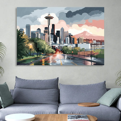 Seattle Rainy Day Skyline Sitting Room - Canvas Wall Art