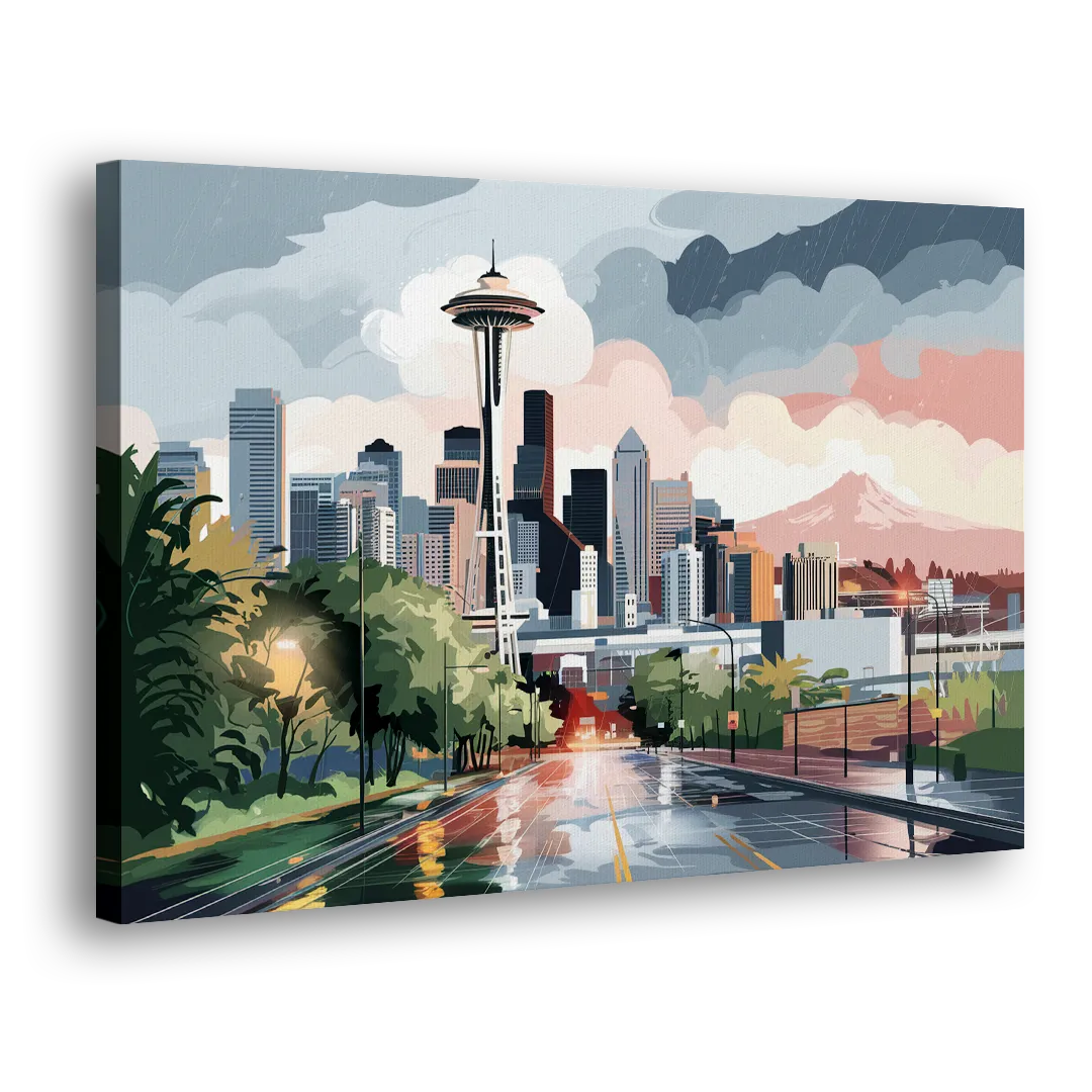 Seattle Rainy Day Skyline Side - Canvas Wall Art