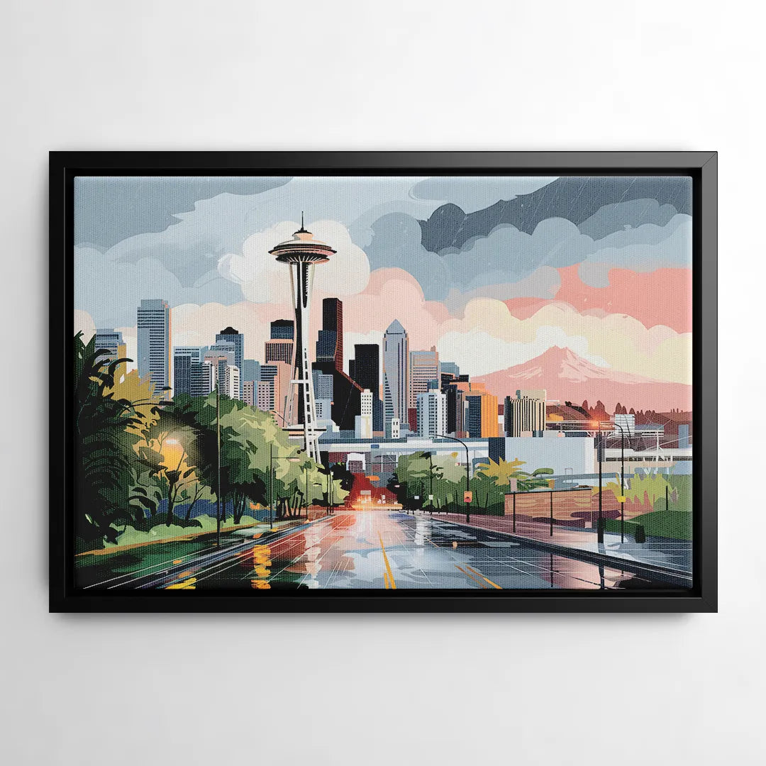 Seattle Rainy Day Skyline - Black Frame Canvas