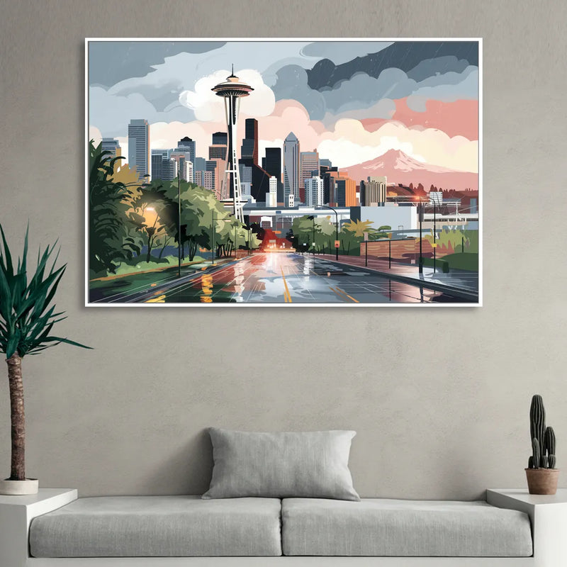 Seattle Rainy Day Skyline Sitting Room - White Canvas Wall Art