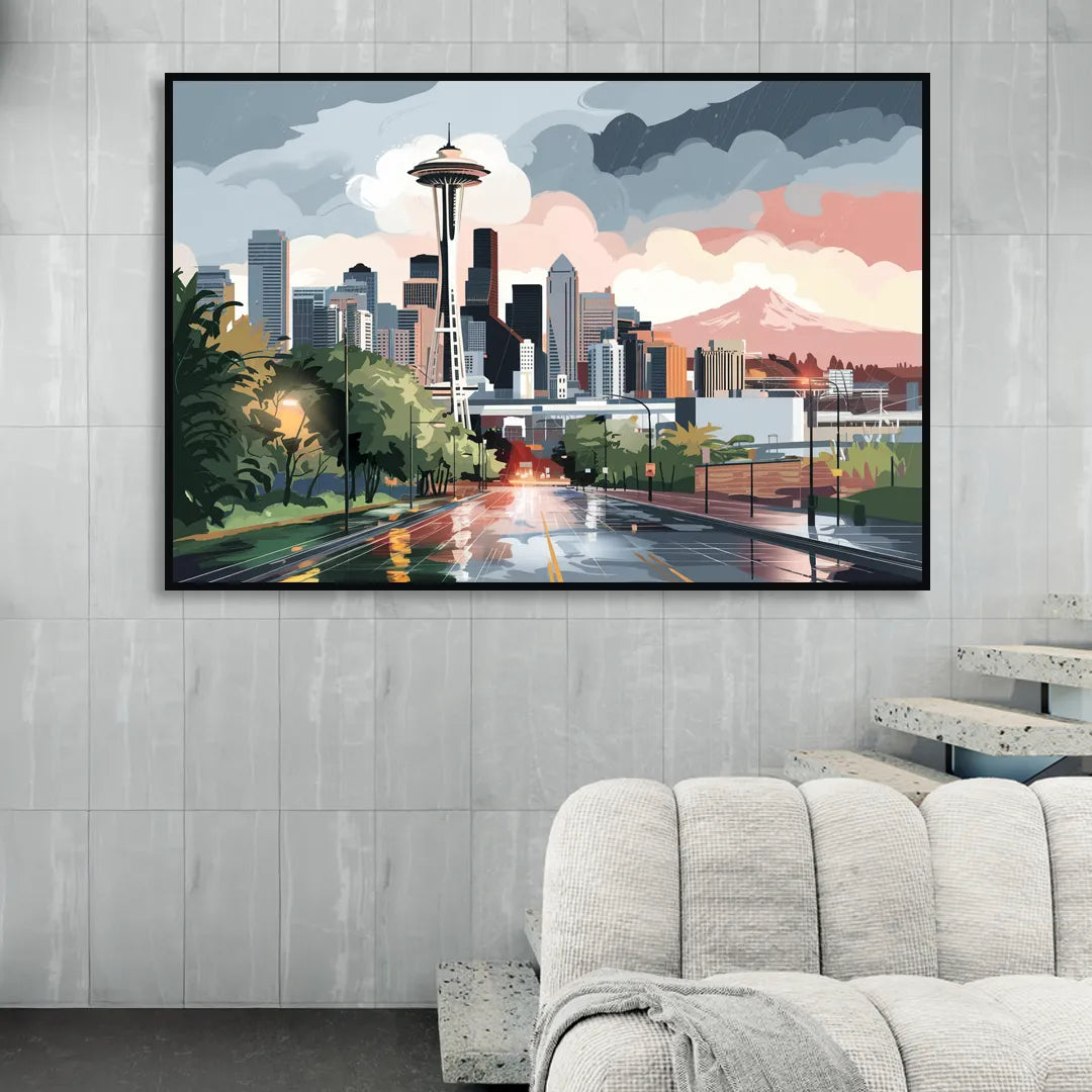 Seattle Rainy Day Skyline Living Room - Black Canvas Wall Art