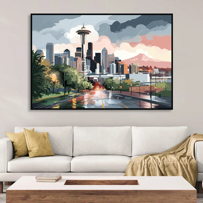 Seattle Rainy Day Skyline Sitting Room - Black Canvas Wall Art