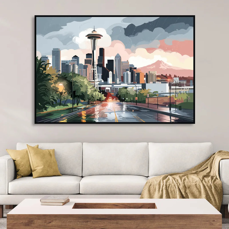 Seattle Rainy Day Skyline Sitting Room - Black Canvas Wall Art
