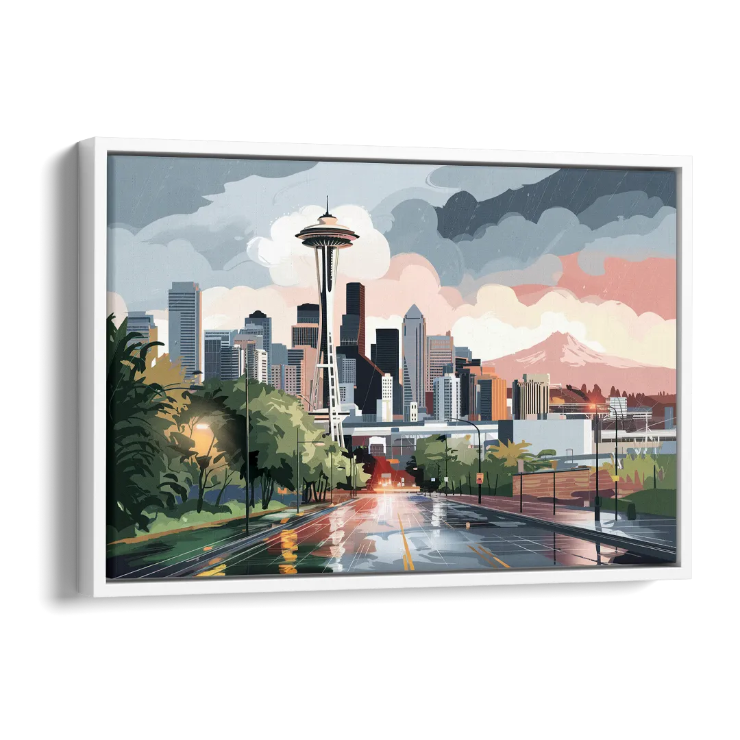 Seattle Rainy Day Skyline Side - White Canvas Wall Art