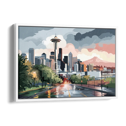Seattle Rainy Day Skyline Side - White Canvas Wall Art