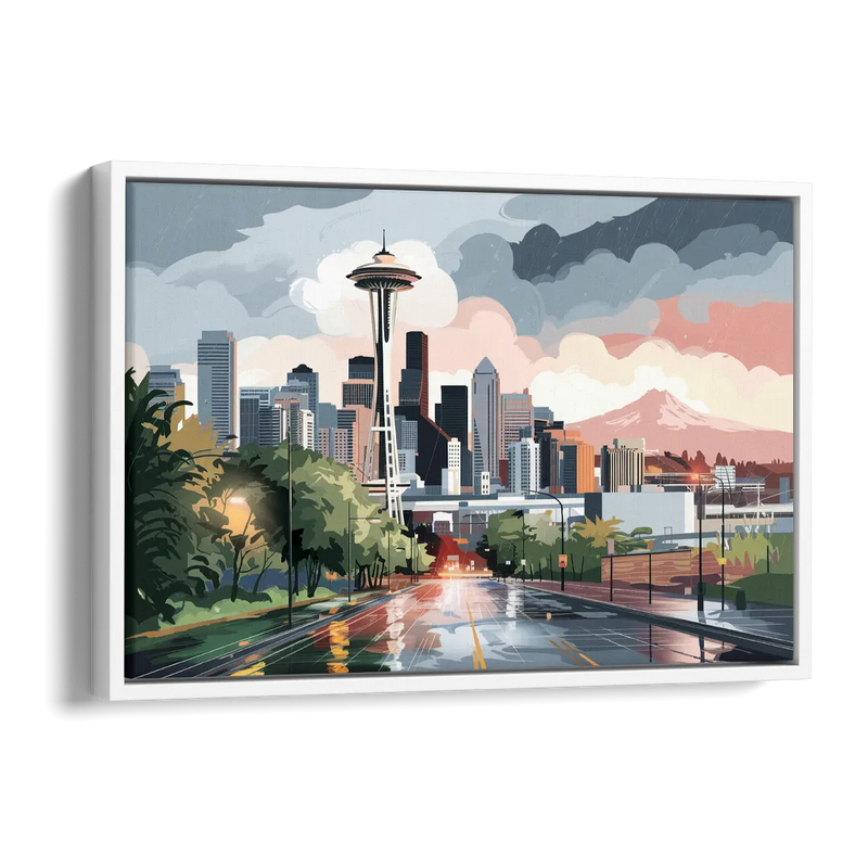 Seattle Rainy Day Skyline Side - White Canvas Wall Art