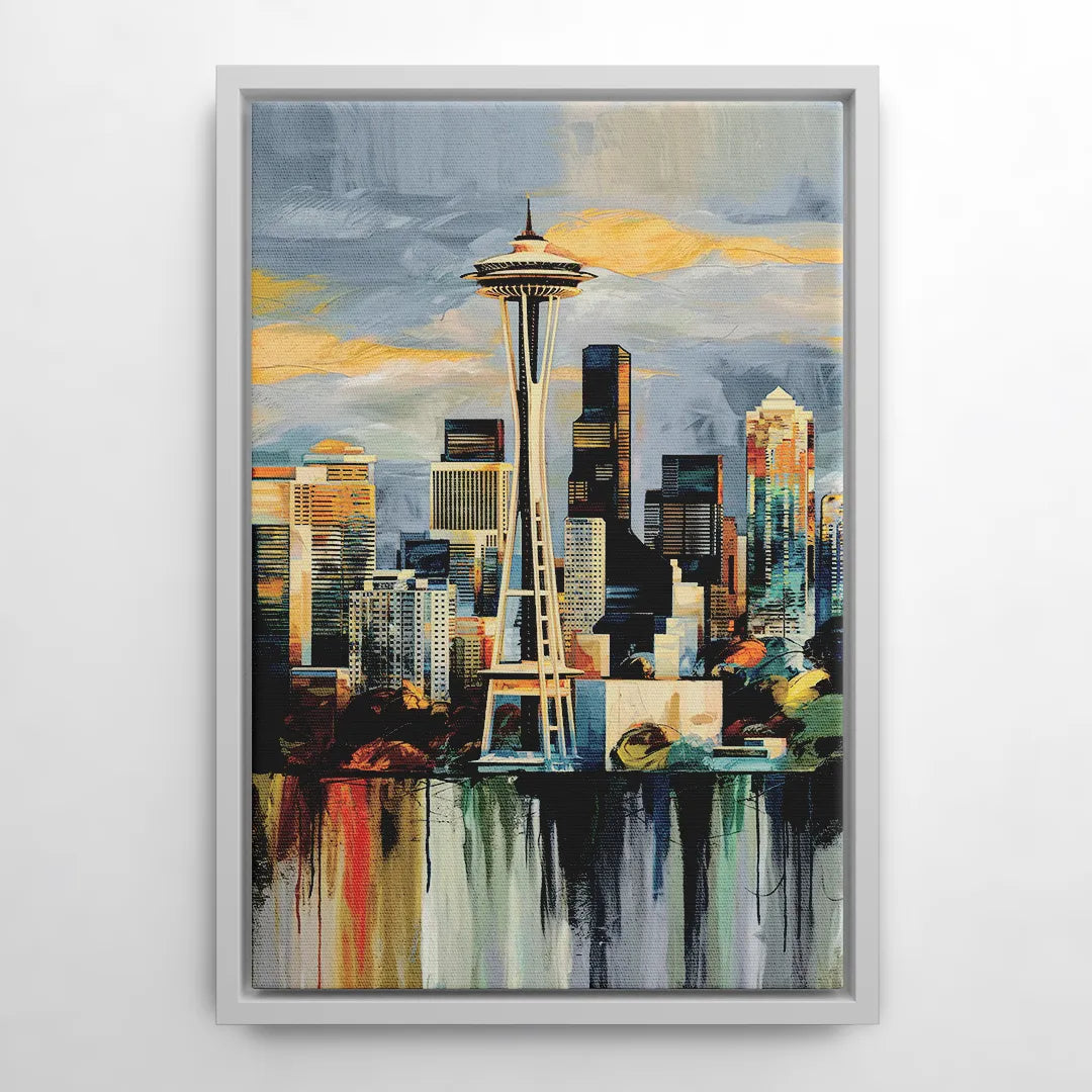 Seattle Skyline Panorama - White Frame Canvas