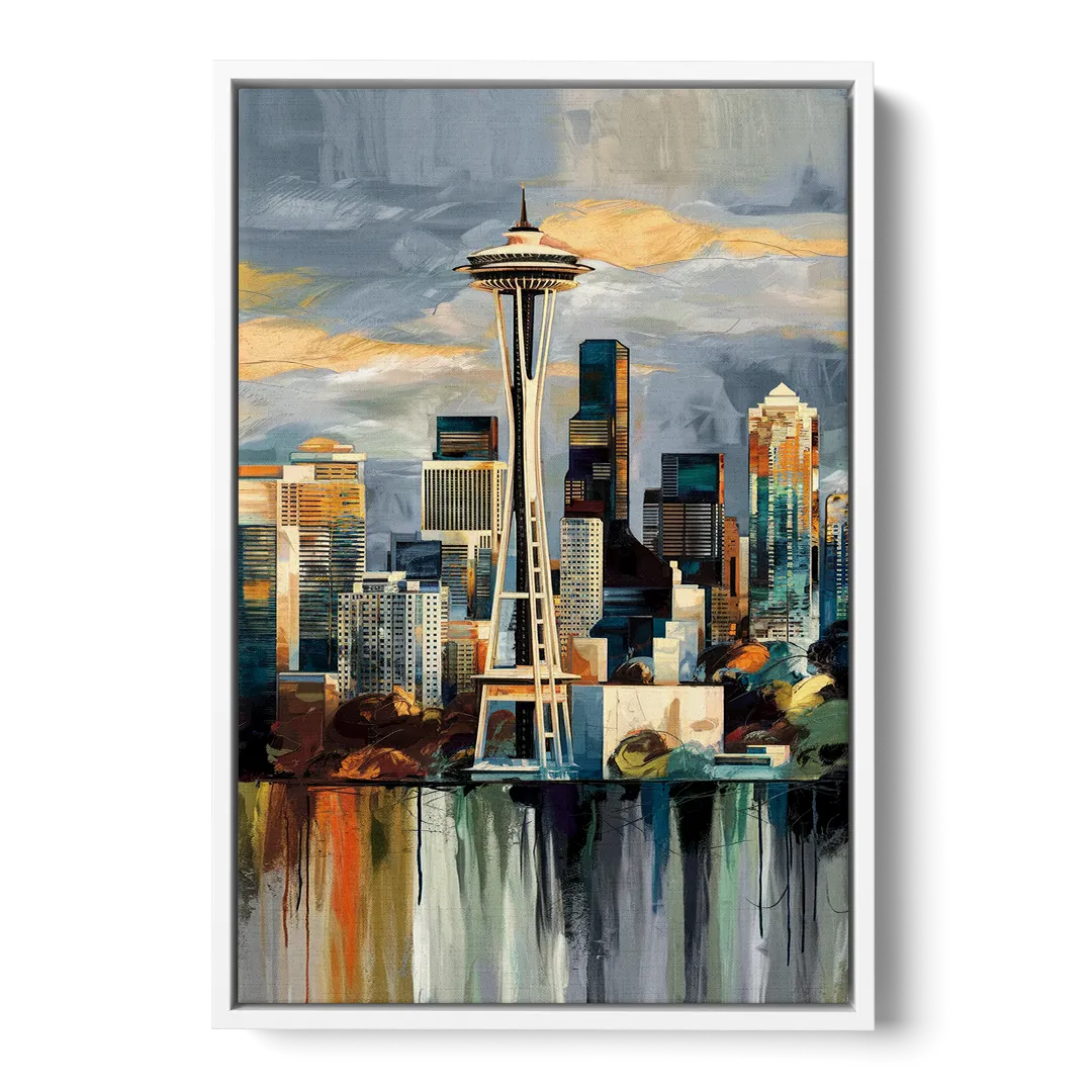 Seattle Skyline Panorama Front - White Canvas Wall Art
