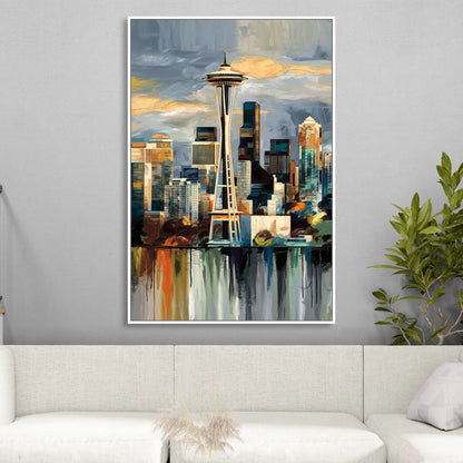 Seattle Skyline Panorama Living Room - White Canvas Wall Art