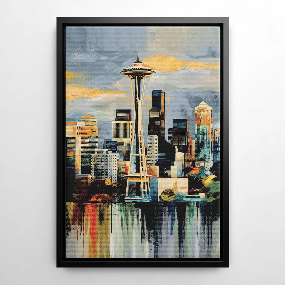 Seattle Skyline Panorama - Black Frame Canvas