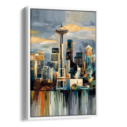 Seattle Skyline Panorama Side - White Canvas Wall Art