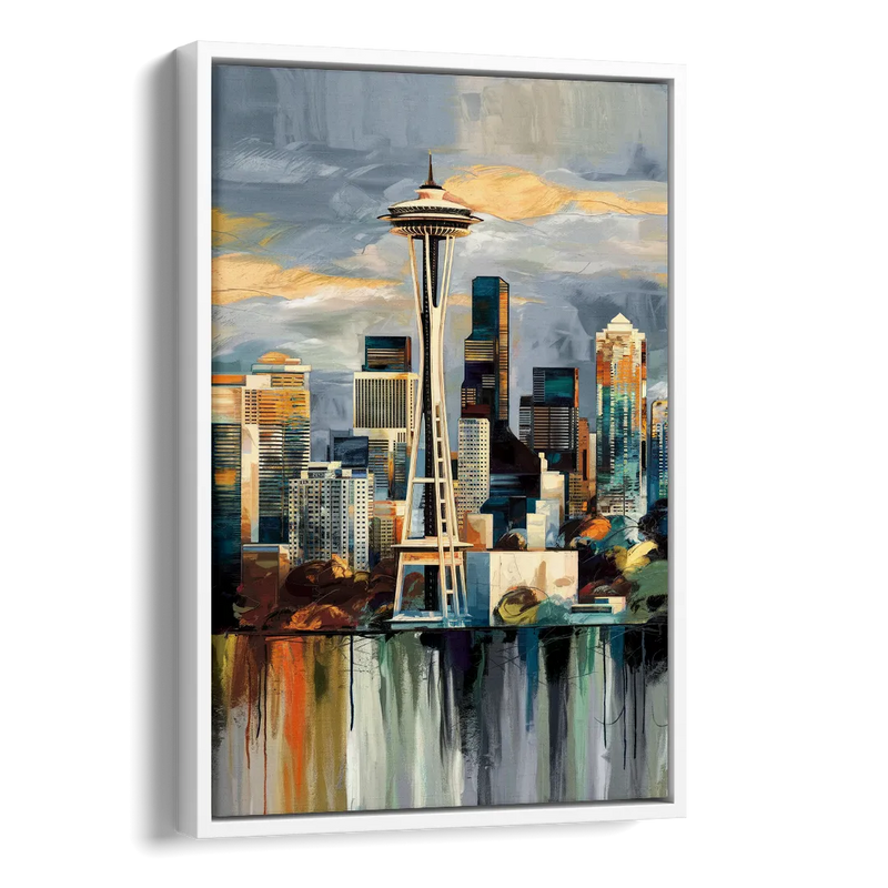 Seattle Skyline Panorama Side - White Canvas Wall Art