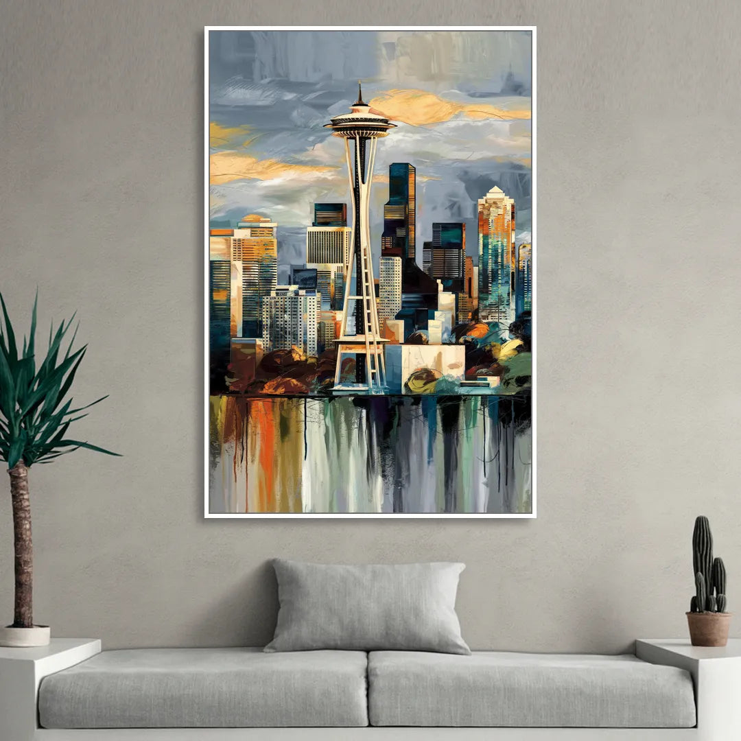 Seattle Skyline Panorama Sitting Room - White Canvas Wall Art