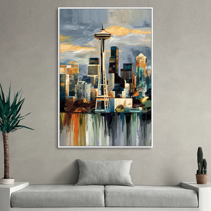 Seattle Skyline Panorama Sitting Room - White Canvas Wall Art