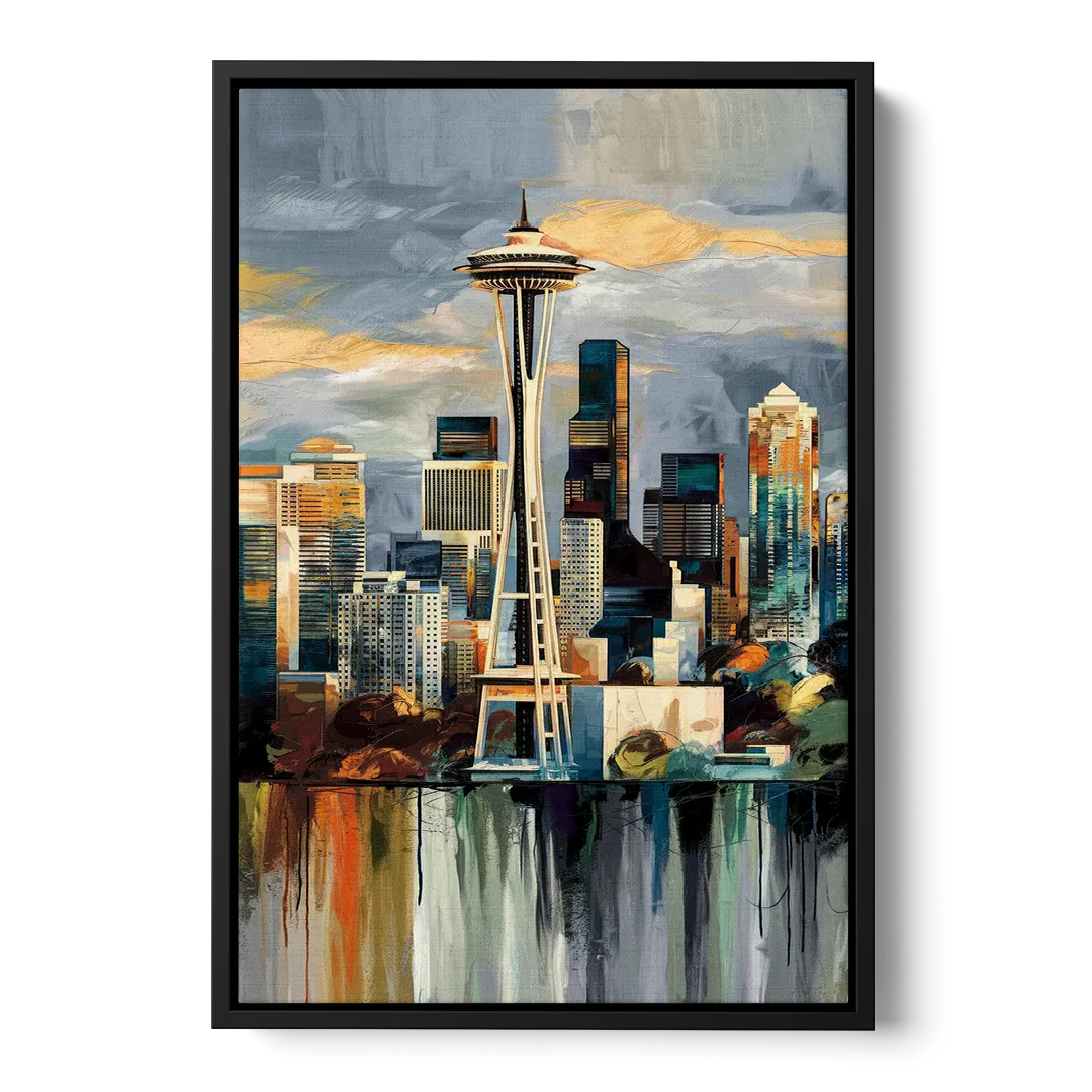Seattle Skyline Panorama Front - Black Canvas Wall Art