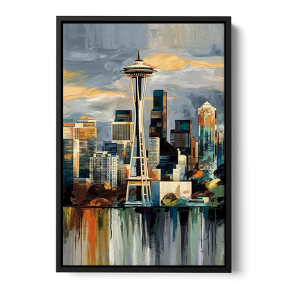 Seattle Skyline Panorama Front - Black Canvas Wall Art