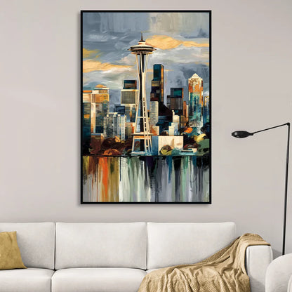 Seattle Skyline Panorama Sitting Room - Black Canvas Wall Art