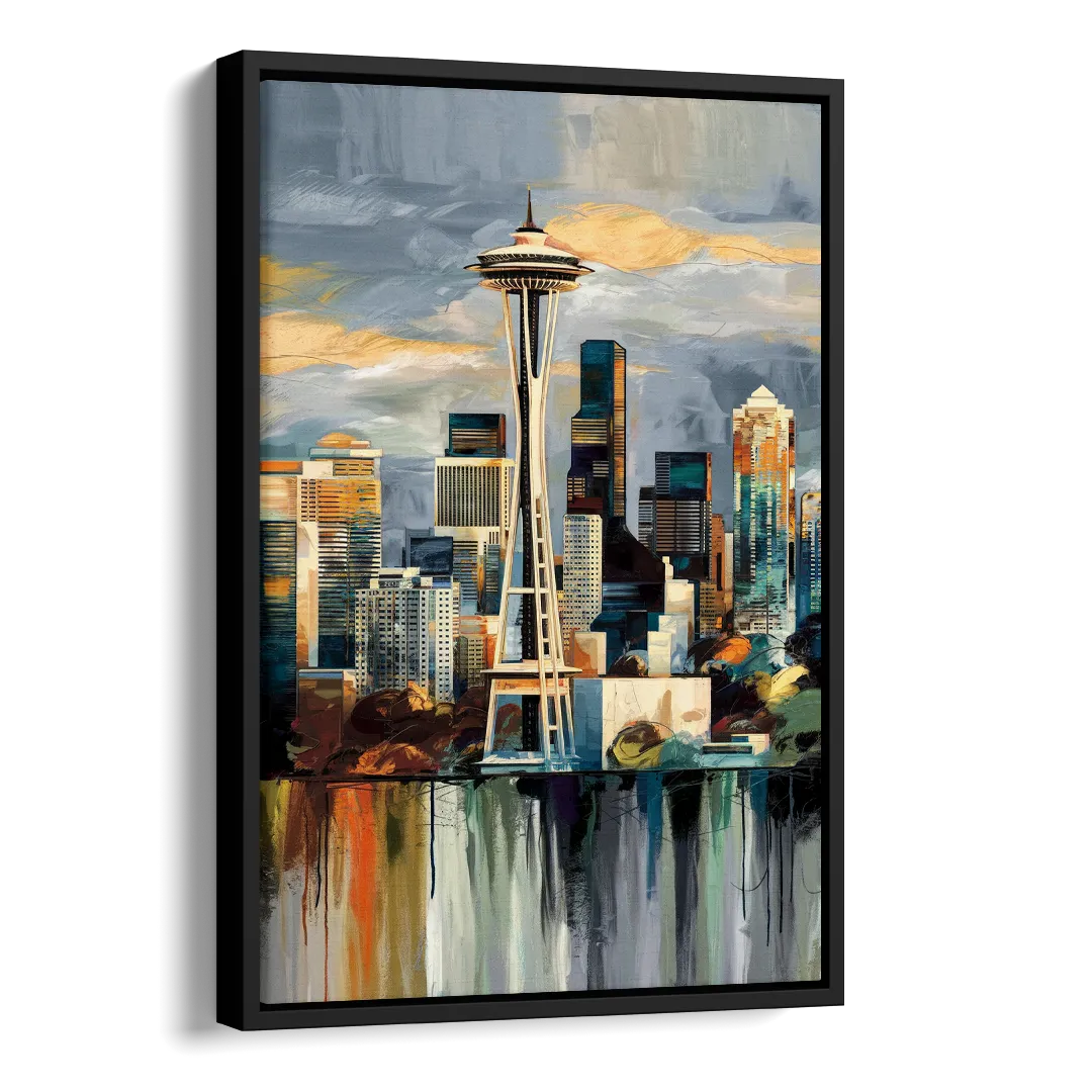 Seattle Skyline Panorama Side - Black Canvas Wall Art