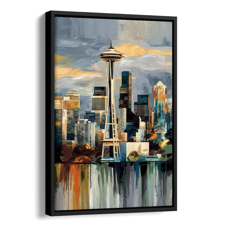 Seattle Skyline Panorama Side - Black Canvas Wall Art