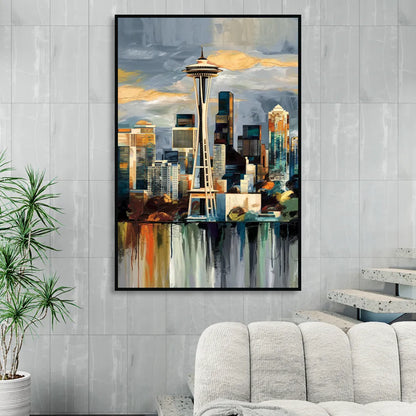 Seattle Skyline Panorama Living Room - Black Canvas Wall Art