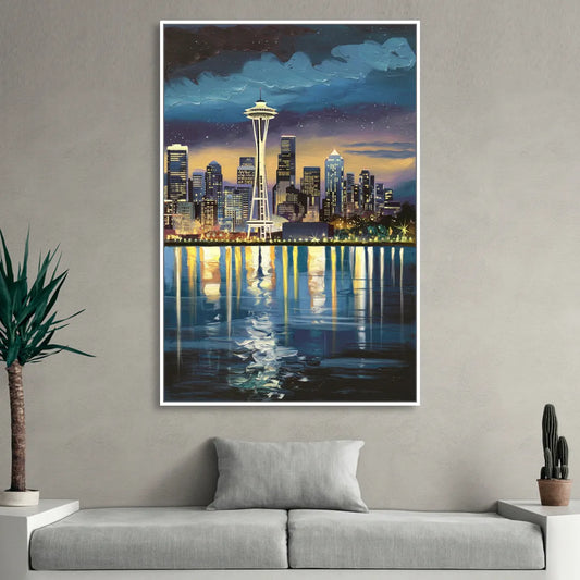 Seattle Skyline Reflection Living Room - White Canvas Wall Art